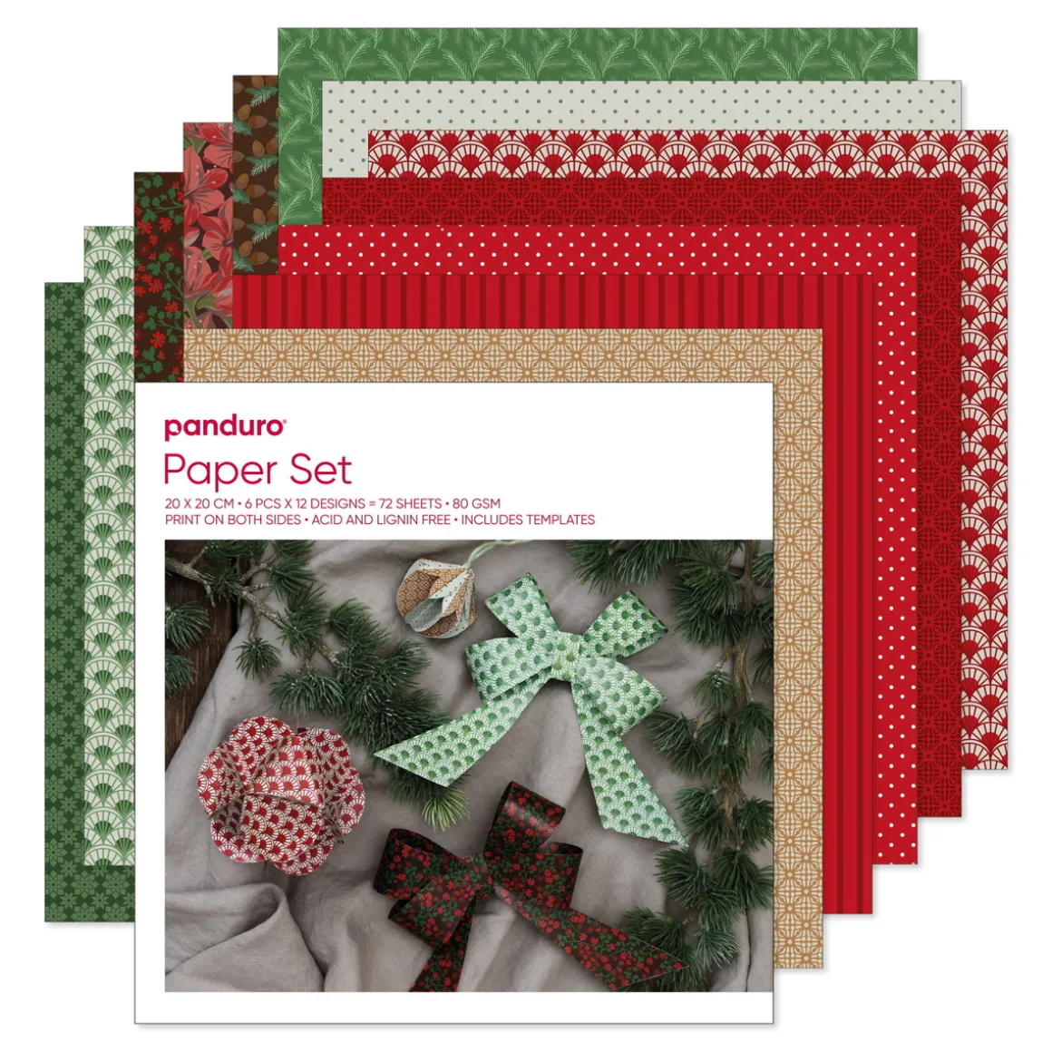 Papirsæt julemix, 72 dobbeltsidet trykte ark – julefarver og -mønstre, 20×20 cm, 80 g/m²