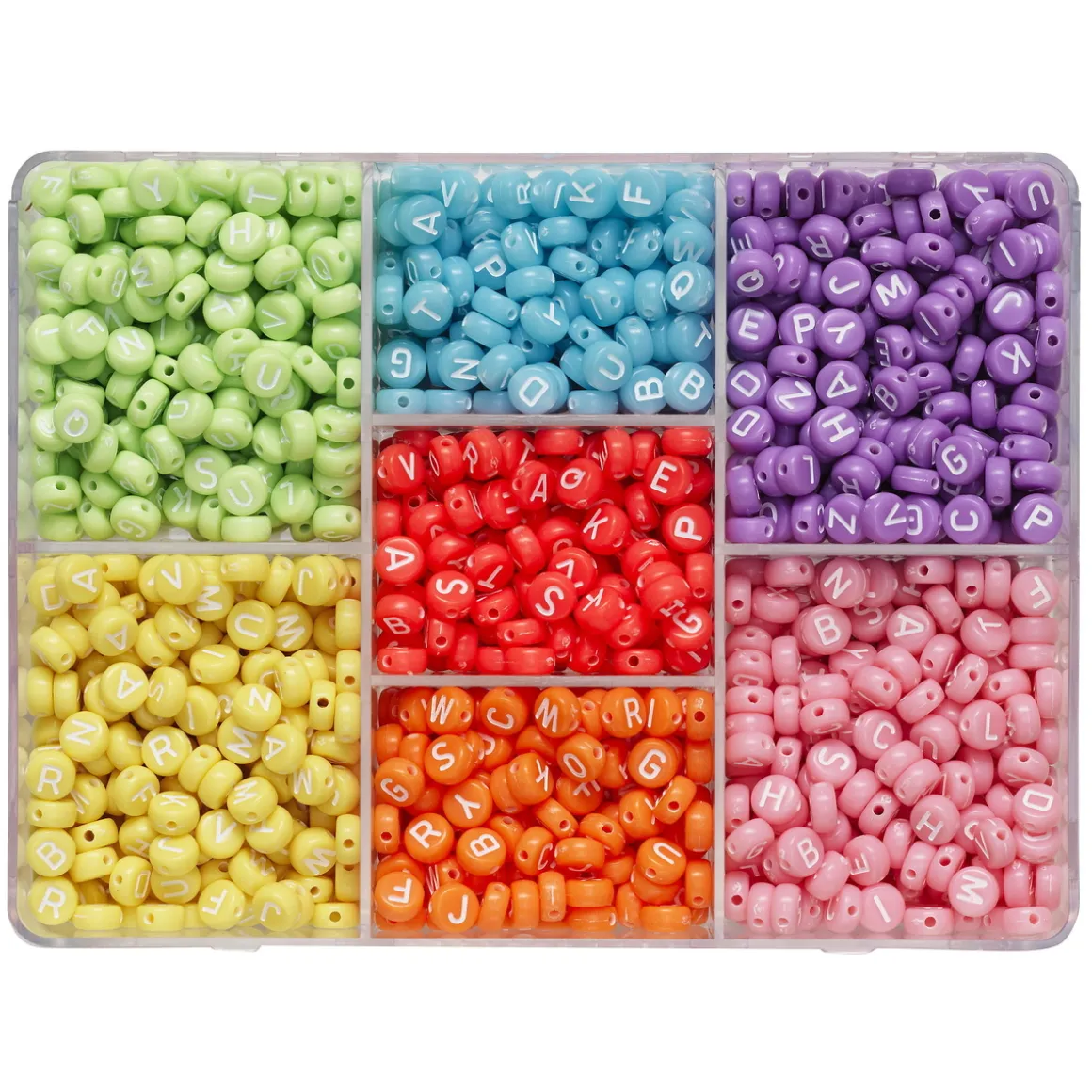 1280 pastelfarvede bogstavperler, A-Z med hvide bogstaver, Ø7 mm