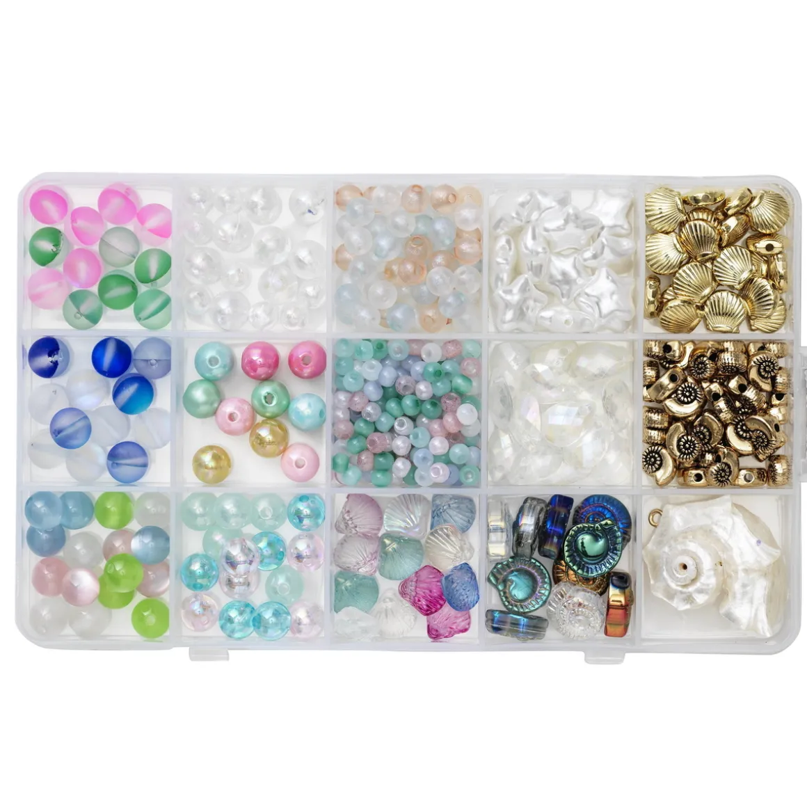 Perlemix med glas- og plastperler i havtema + 1 charm muslingeskal