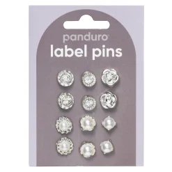 Pins, badges, 12 stk. smukt sølvfarvede og glitrende små mini-brocher Ø10-12 mm