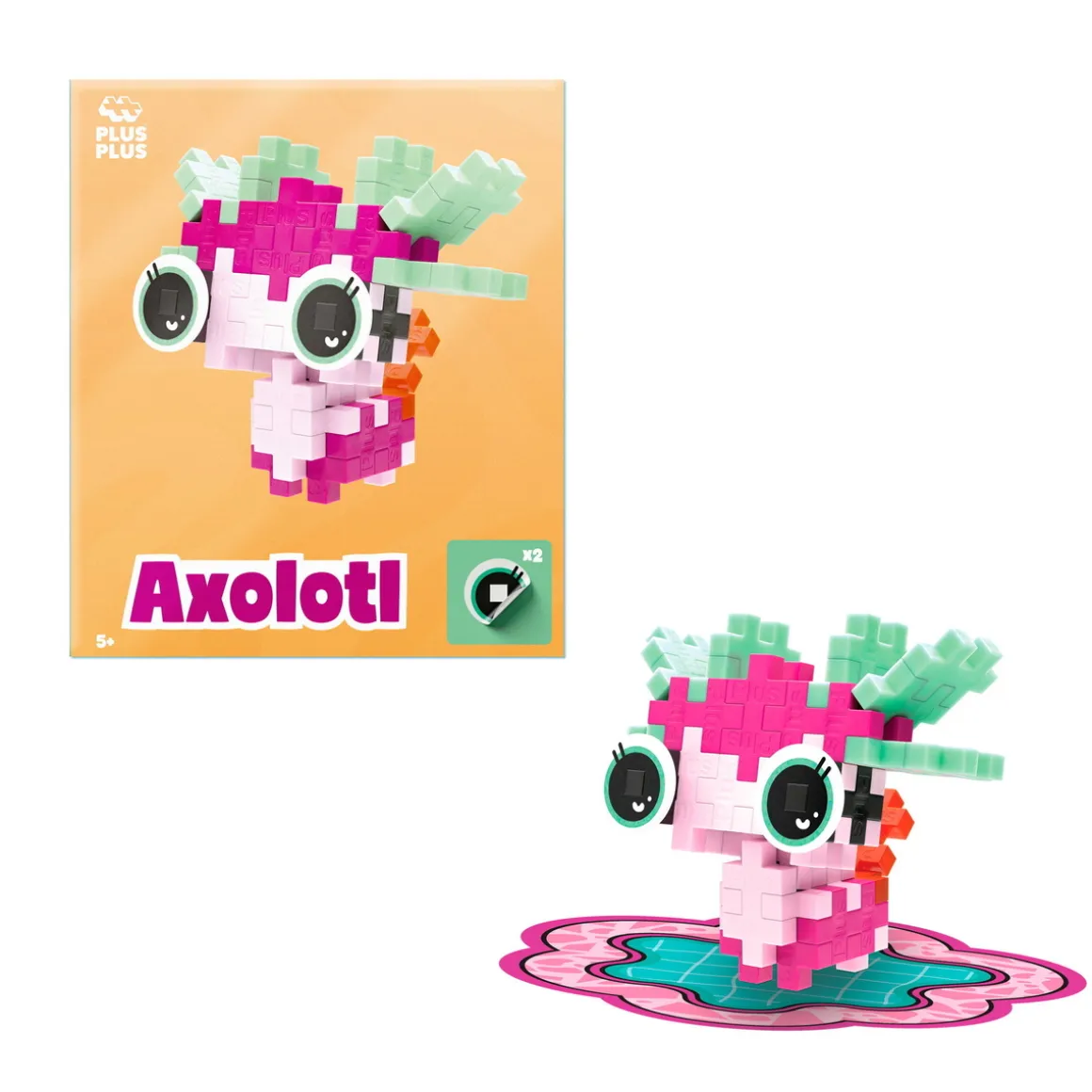 Plus-Plus Pets Adoring Axolotl, kit med 39 brikker, som bliver til en lyserød axolotl!