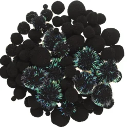 Pom Pom mix sorte og sorte med glitter! Ø8-30 mm, 150 stk.