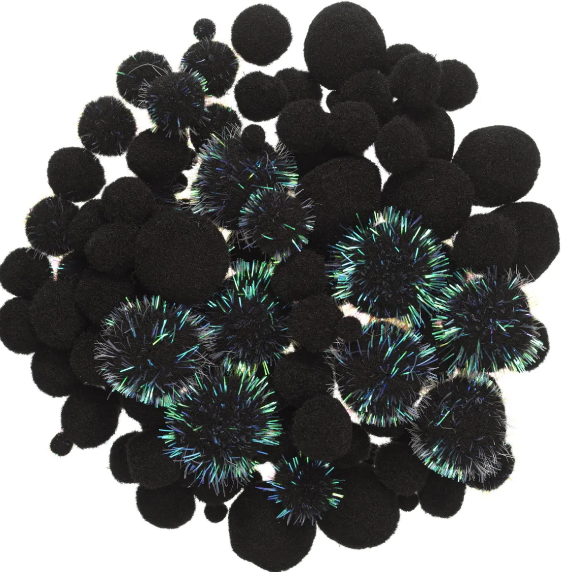 Pom Pom mix sorte og sorte med glitter! Ø8-30 mm, 150 stk.