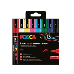Posca Brush PC-5BR Basic 8-pak, penne med halvhård penselspids, 1-4 mm linjebredde
