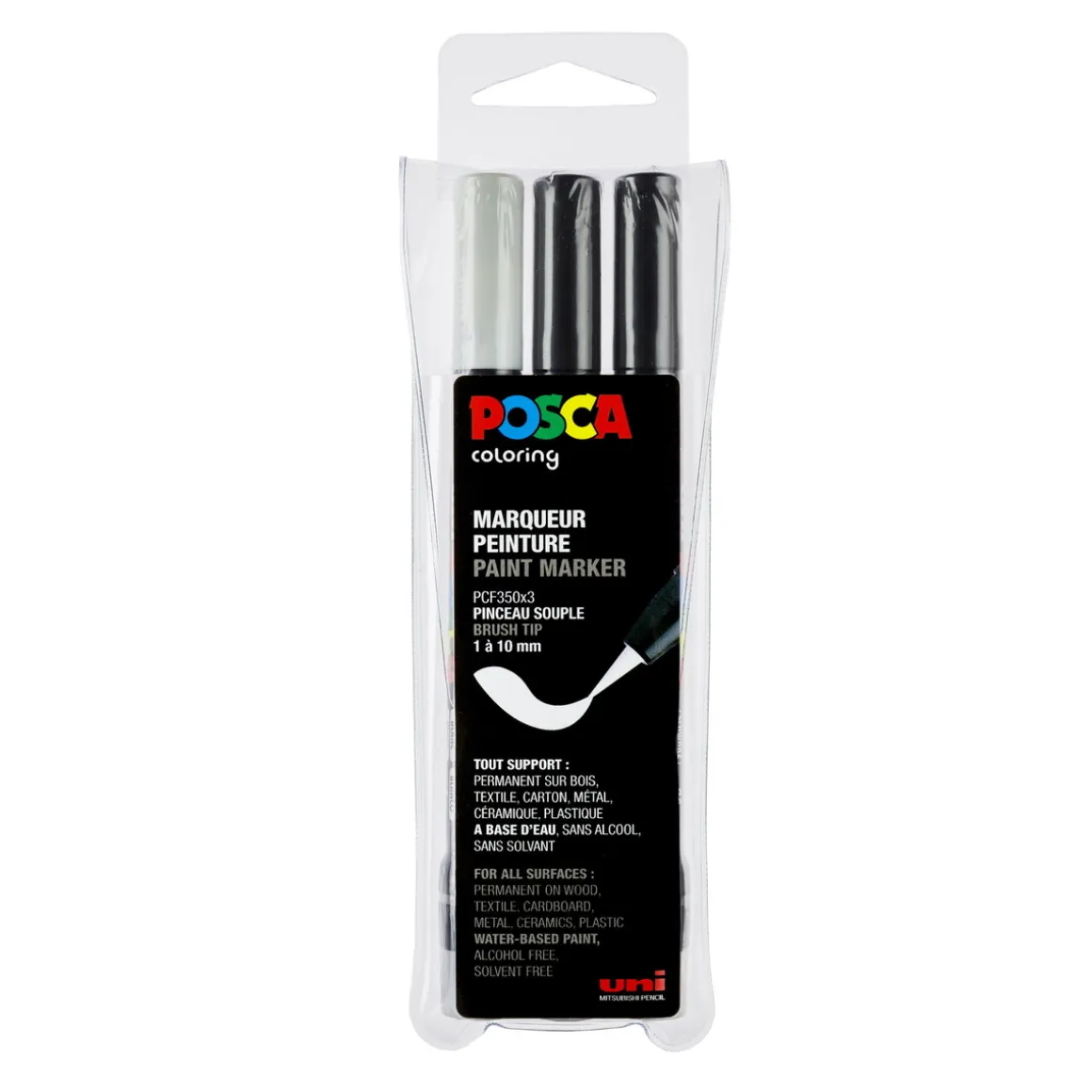 Posca Brush PC-350 3-pak – sort / sort / hvid