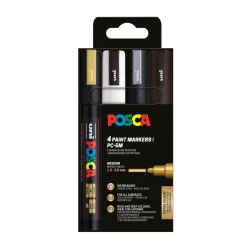 Posca PC-5M 4-pak – sølv / guld / sort / hvid