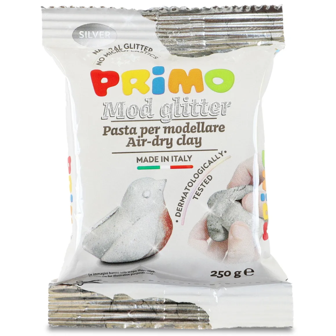 Primo lufttørrende ler med glitter, sølvfarvet 250 g