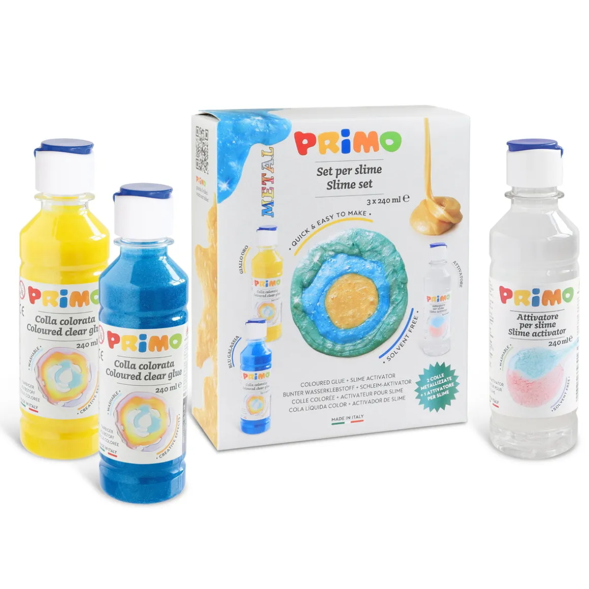 Primo Slime Lab Metallic – 2×240 ml metallic slimefarve + 240 ml slime-aktivering