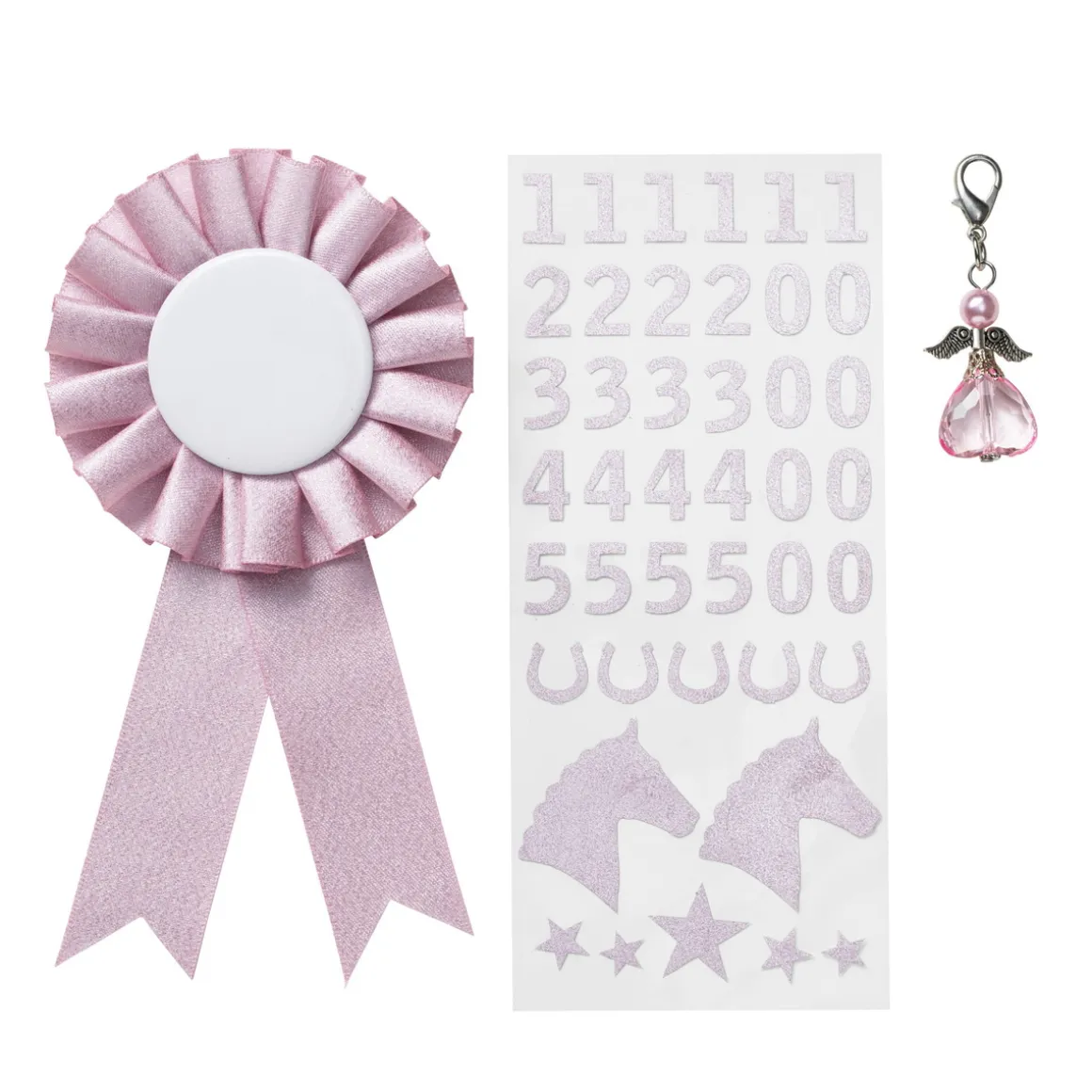 Præmieroset til kæphest Ø7 cm og stickers i rosa tema + 1 engle-charm