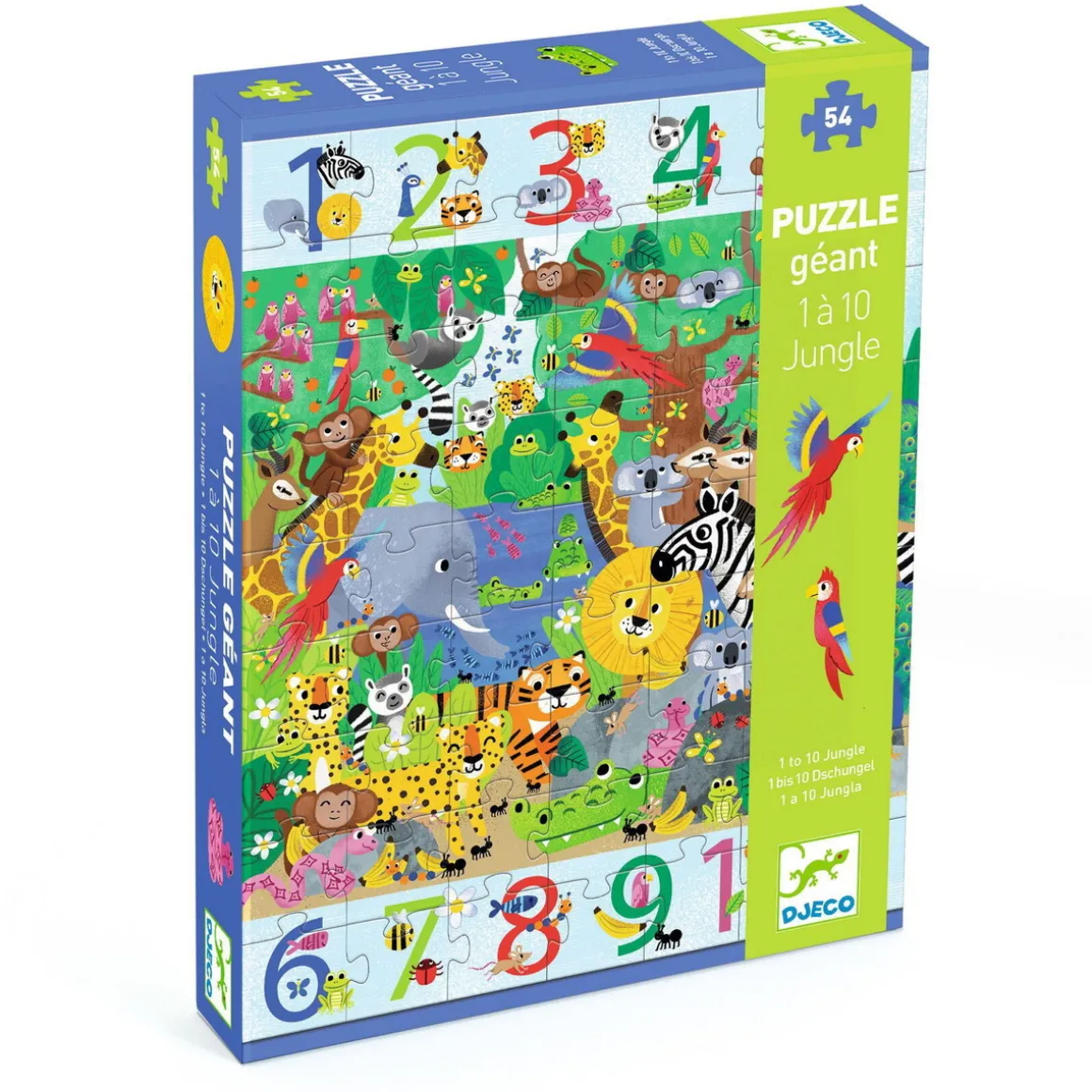 Puslespil 1 to 10 Jungle, matematik + børnepuslespil med 54 brikker, 52×70 cm