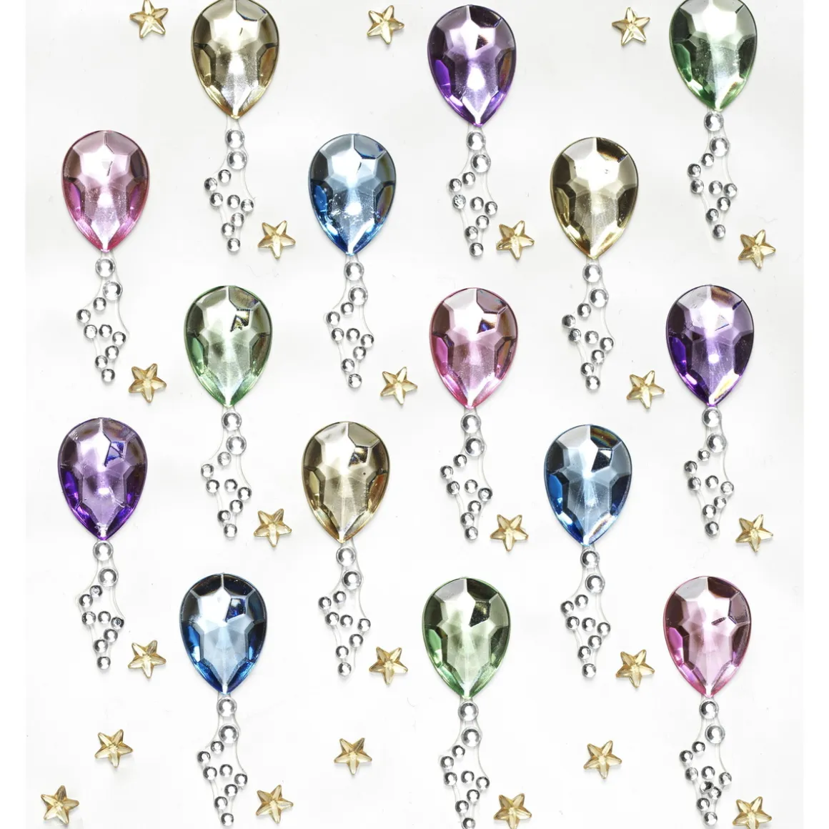 Rhinestone stickers balloner – 30 balloner m. snor (L 35 mm) og 44 små guldstjerner.
