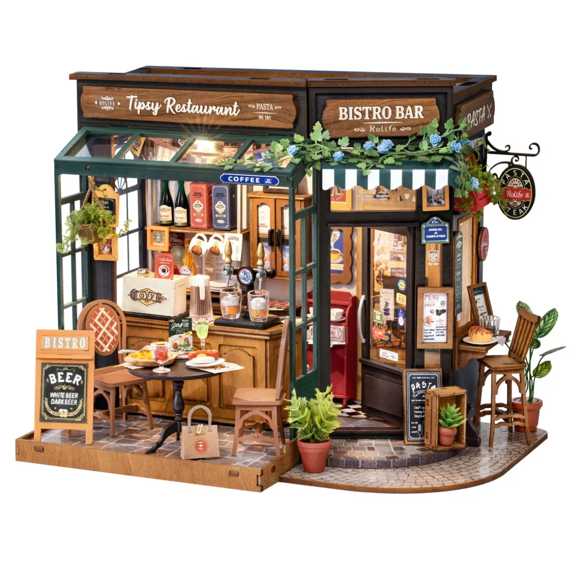 Rolife DIY Tipsy Restaurant miniature diorama – DG167, 230×180×182 mm