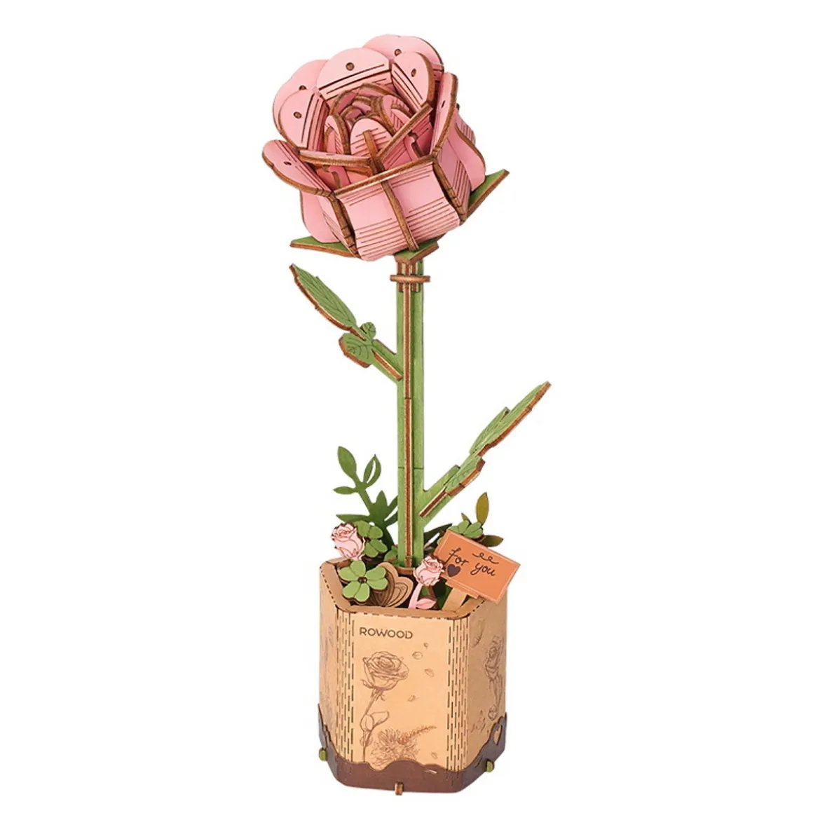 Rolife DIY Wooden Flower 3D-puslespil træblomst TW041 Pink Rose 85×65×210 mm