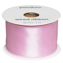 Rosa satinbånd med metalkant – 38 mm bredt og 5 meter langt