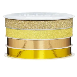 4 ruller med blankt bånd a 5 meter – guld, kobber og glitter.