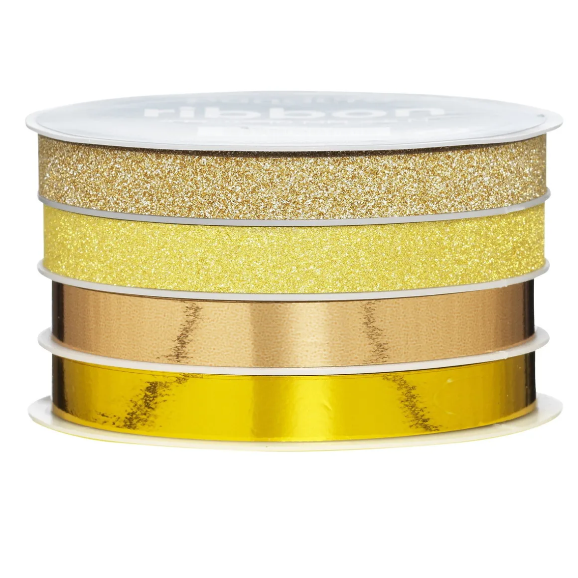 4 ruller med blankt bånd a 5 meter – guld, kobber og glitter.