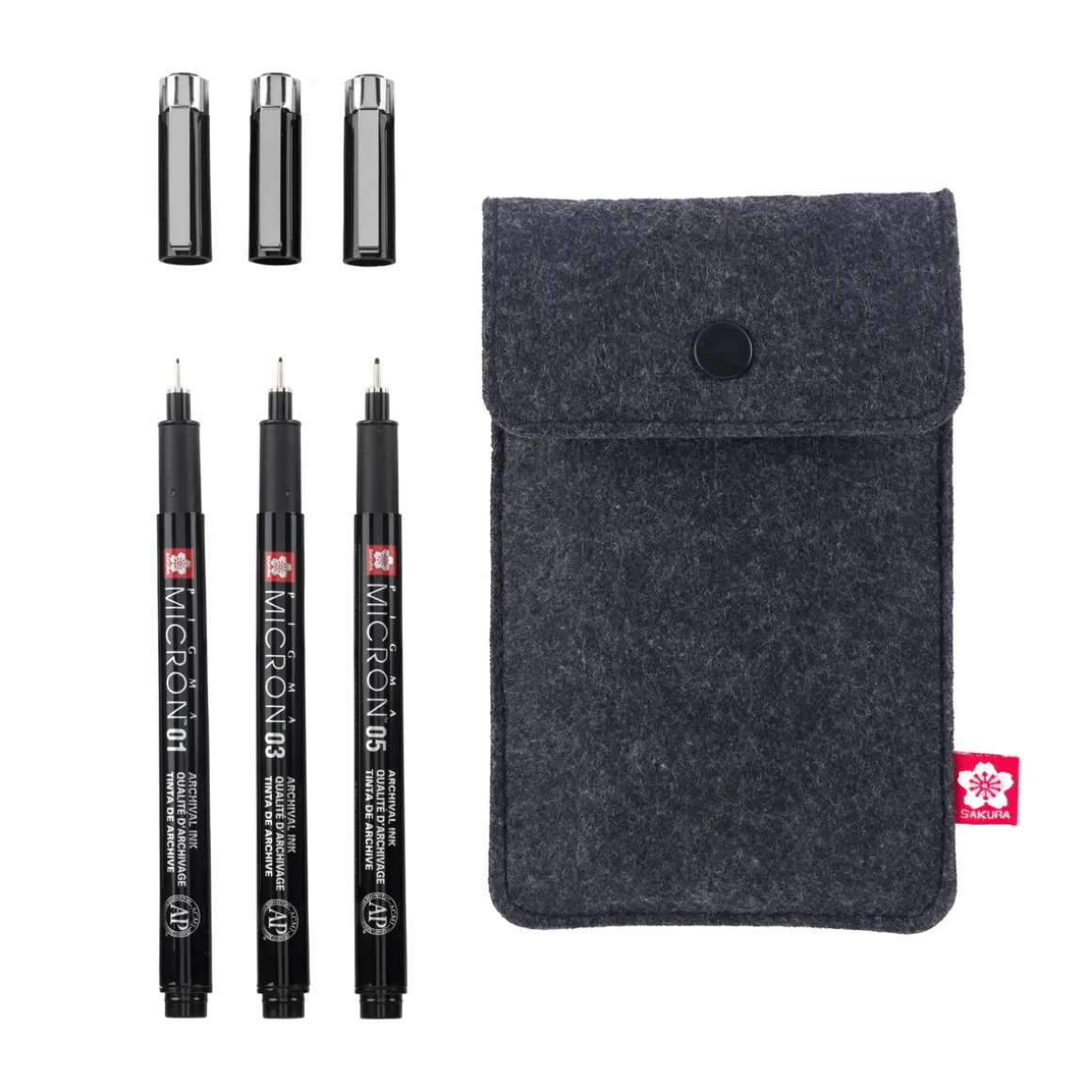 Sakura Pigma Micron Black Edition – 3 stk. fineliners #01, 03 og 05 + penalhus