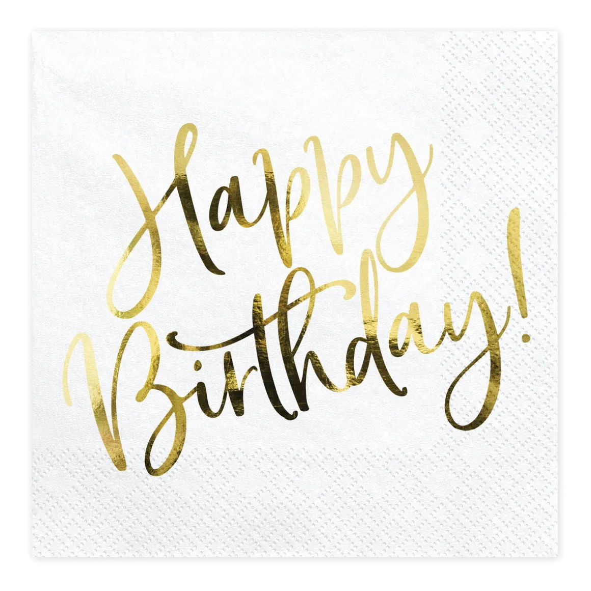 Servietter, 20-pak med tekst i guldmetallic: Happy Birthday – 16,5×16,5 cm
