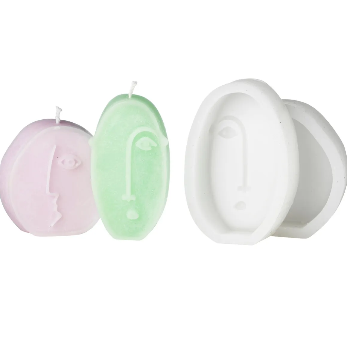 Silikoneform til støbning af lys – to ansigter – højde 7,5/9,5 cm, dybde ca. 2 cm