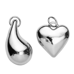 2 sølvfarvede og chunky vedhæng, charms, massiv metal – hjerte Ø22 mm, dråbe L. 30 mm