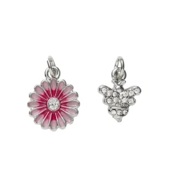 2 sølvfarvede vedhæng/charms blomst rosa blade og simili Ø13 mm, bi med simili 11×8 mm