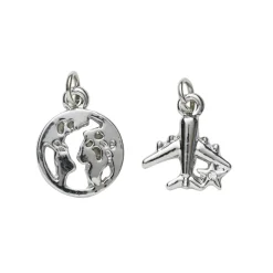 2 sølvfarvede vedhæng/charms jordklode Ø12 mm, flyvemaskine 13×15 mm