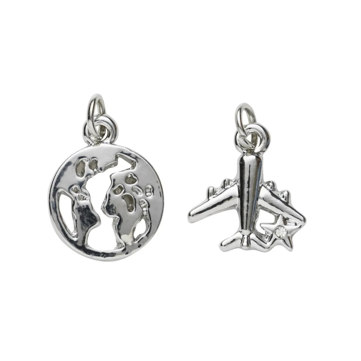 2 sølvfarvede vedhæng/charms jordklode Ø12 mm, flyvemaskine 13×15 mm