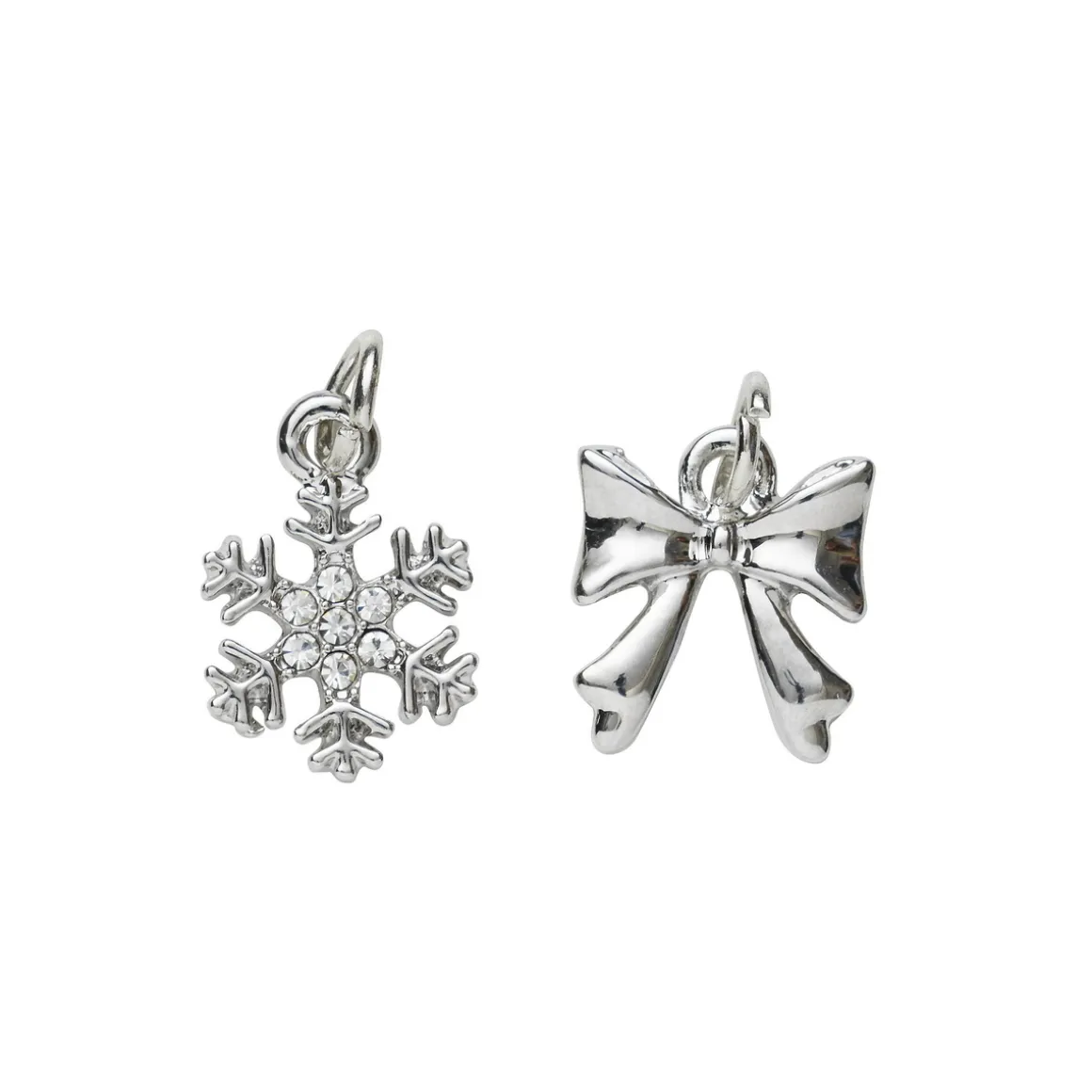 2 sølvfarvede vedhæng/charms snefnug med simili Ø11 mm, sløjfe 12,5×11 mm