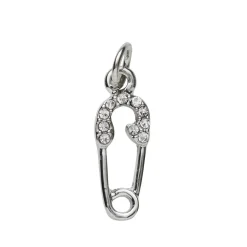 Sølvfarvet vedhæng/charm sikkerhedsnål med simili 7×14 mm