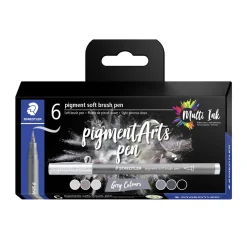 Staedtler Pigment Arts Pen Multi Ink Grey Colours, 5 penne i grå toner + 1 sort