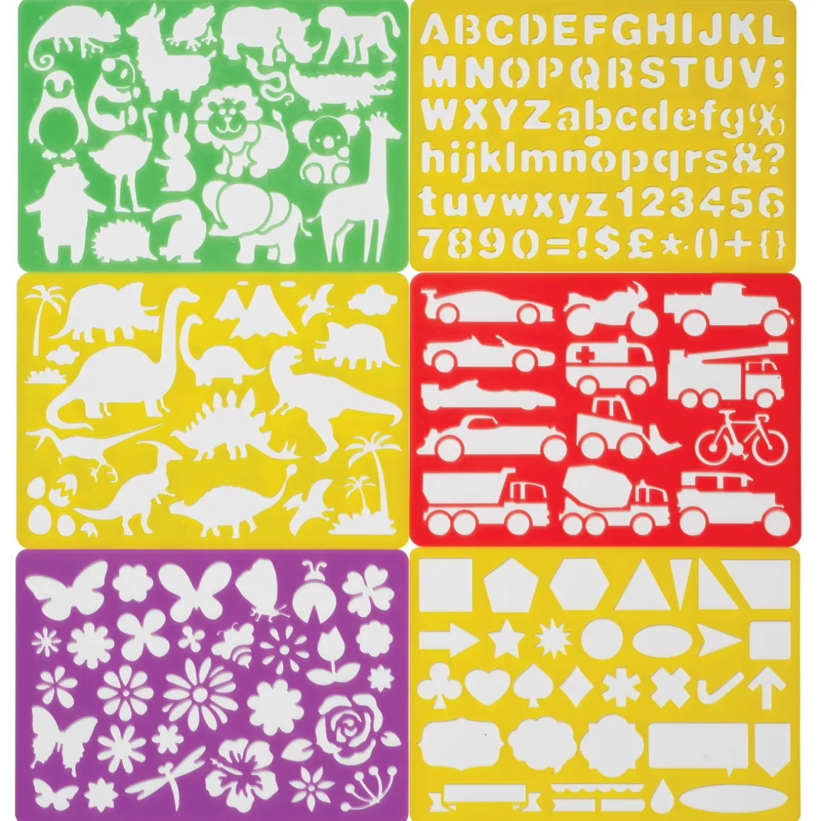 Stencils eller skabeloner af plast, 21×15 cm, 6 forskellige skønne temaer til børn