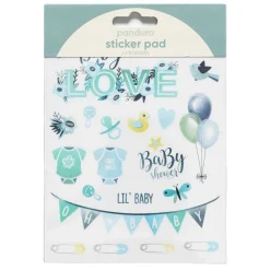 Stickersblok 16 ark Baby Blue – blåt babytema. 2×8 design