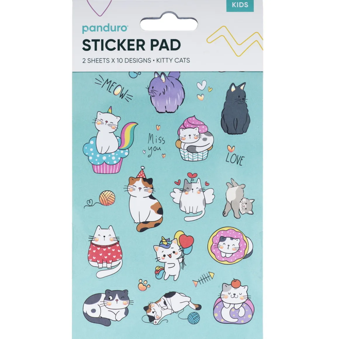 Stickersblok Katte – 2×10 designs, i alt 20 ark klistermærker med søde katte og glæde! 10×18 cm