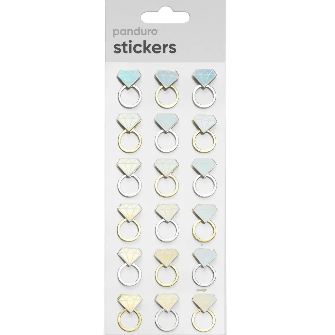 Stickers, 3D-klistermærker ringe i guld og sølv med iriserende diamanter, 18 stk.