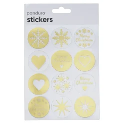 Stickers Jul, guldfarvede og transparente klistermærker i 12 forskellige varianter, Ø3,5 cm. 36 stk.