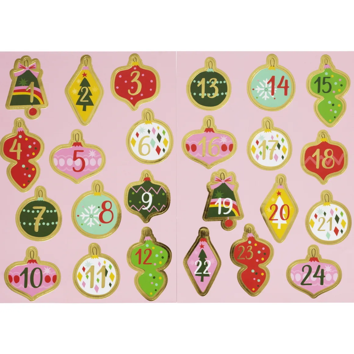 Stickers Jul, 24 julekugle-klistermærker med masser af guldmetallic, tallene 1-24. 15×21 cm ark