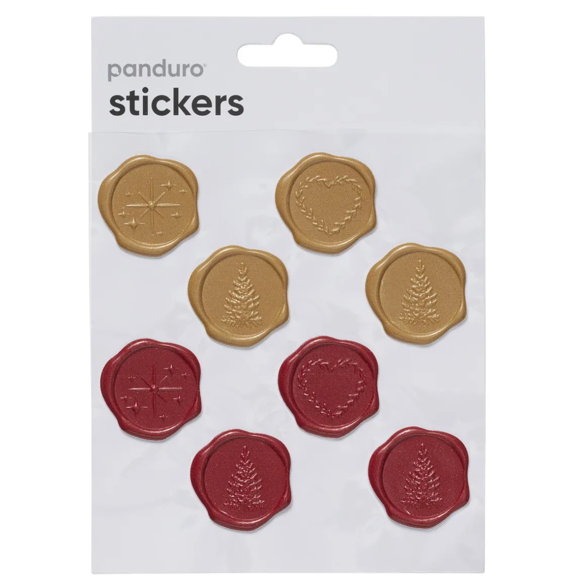 Stickers Jul, klistermærker, der ligner vokssegl, 16 stk. i rødt og guld.