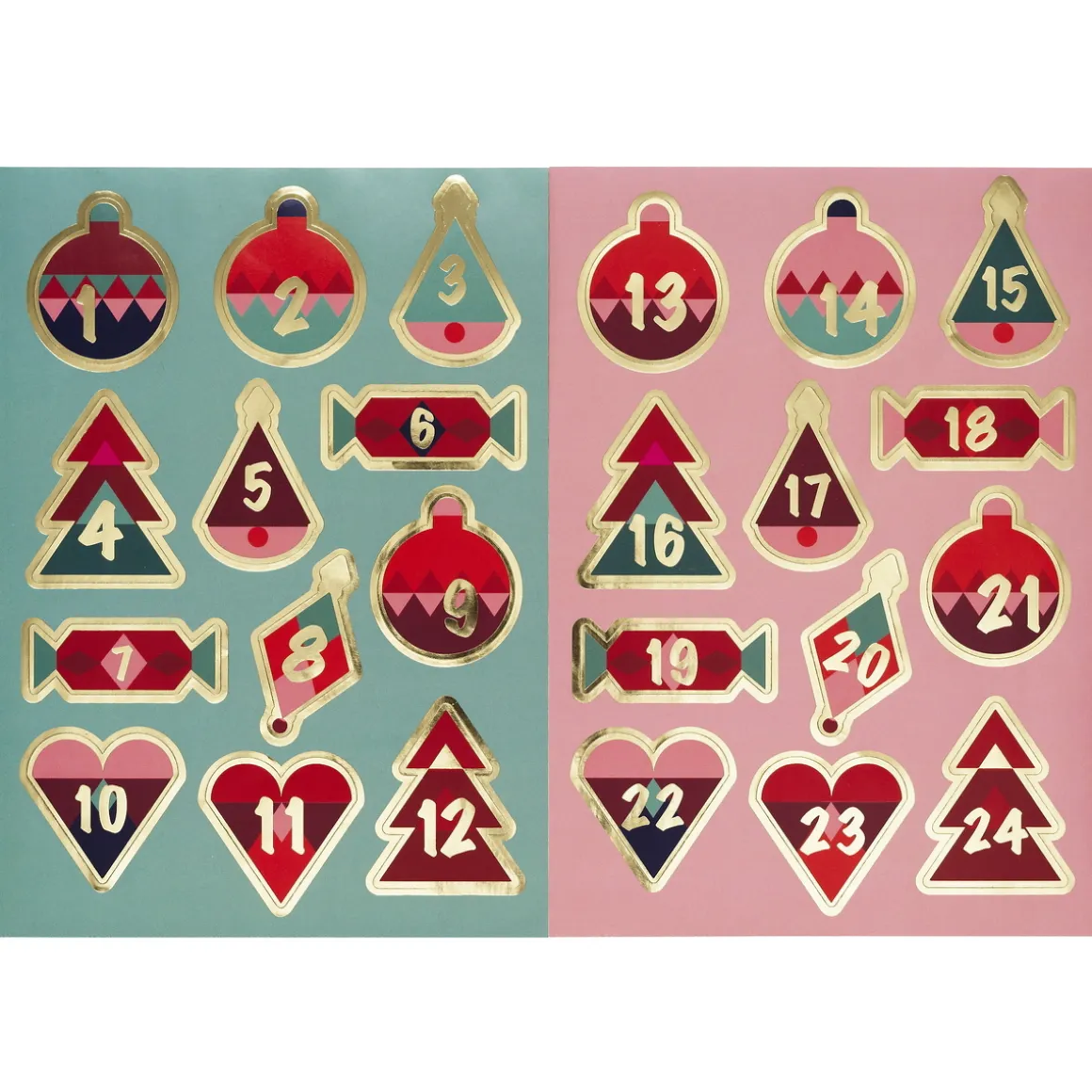 Stickers Jul, 24 klistermærker med masser af guldmetallic, tallene 1-24. 2 stk. 15×21 cm ark