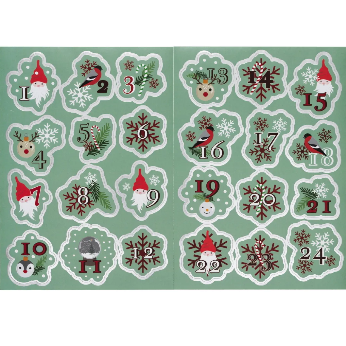 Stickers Jul, 24 klistermærker med nisser og julestemning, tallene 1-24. 2 stk. 15×21 cm ark