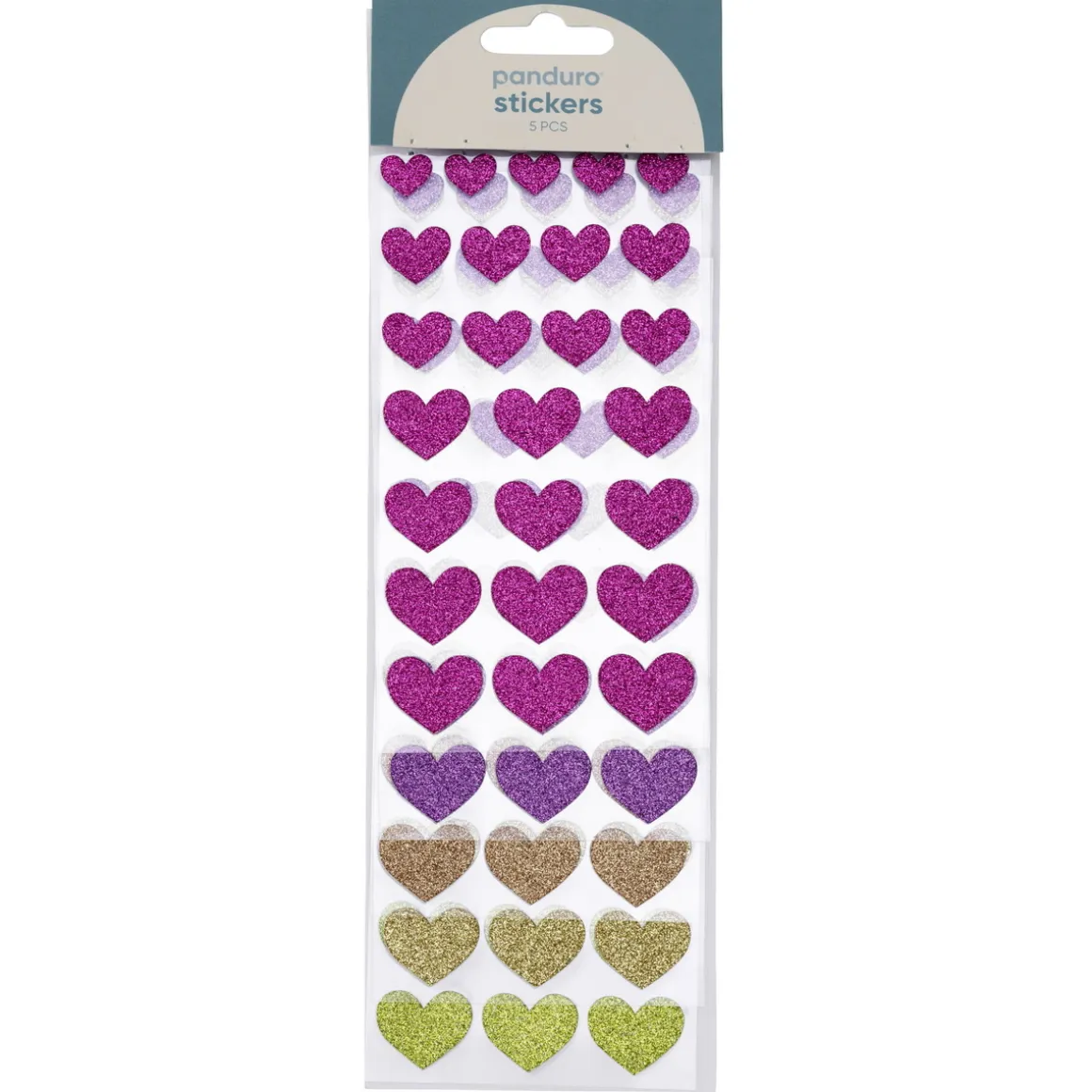 Stickers klistermærker med 175 glitrende hjerter i 5 forskellige farver – B 12-22 mm