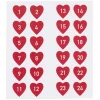24 stickers/klistermærker 1-24 med røde hjerter