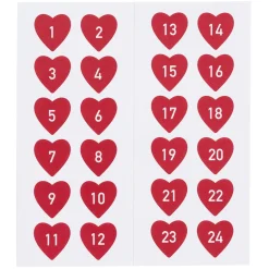 24 stickers/klistermærker 1-24 med røde hjerter