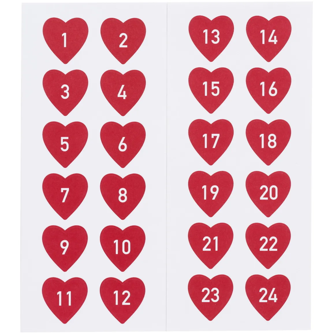 24 stickers/klistermærker 1-24 med røde hjerter