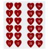 24 stickers/klistermærker med tallene 1-24, røde hjerter med hvide tal