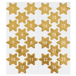 24 stickers/klistermærker med tallene 1-24, gyldne stjerner med hvide tal