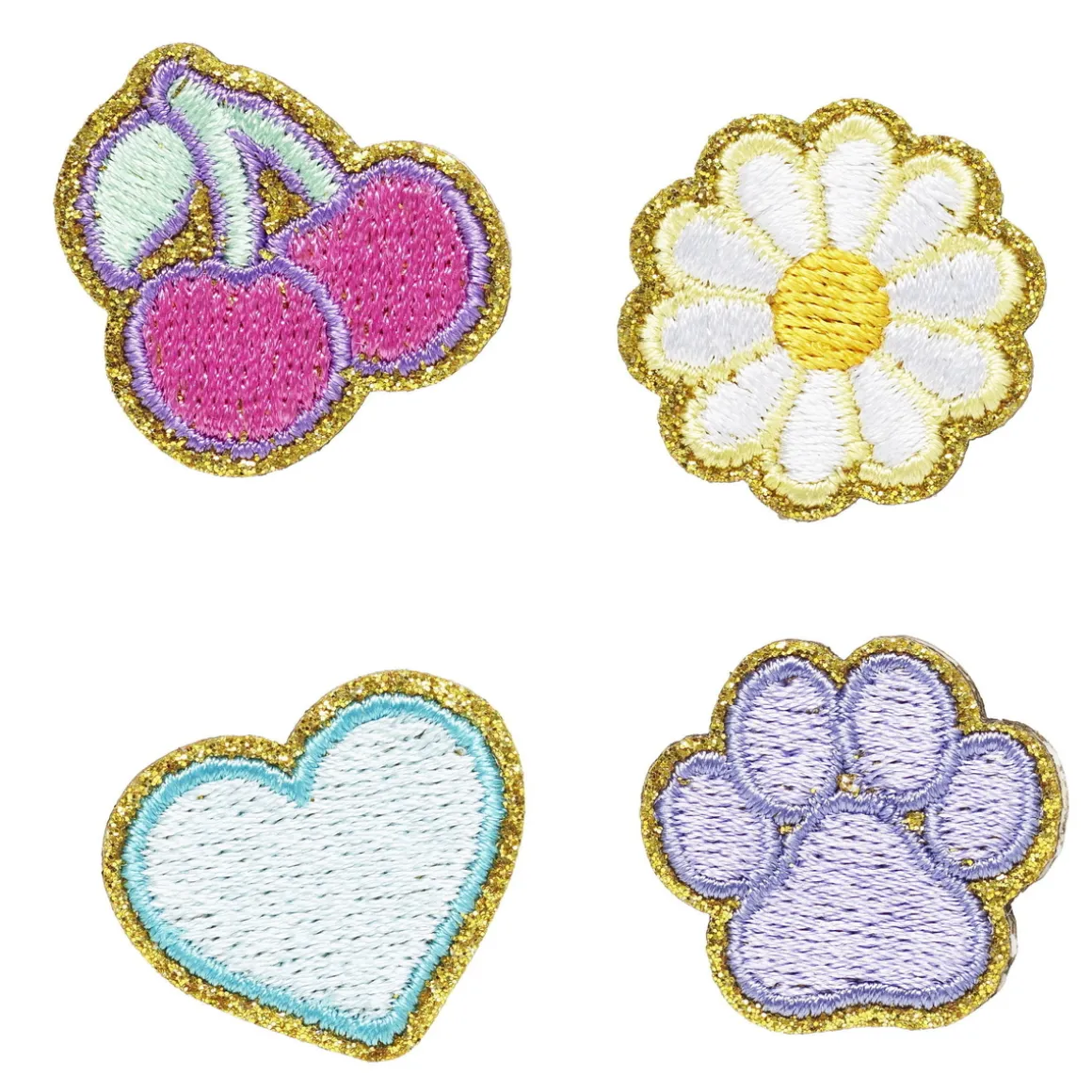 Stickers, 4 stk. broderede klistermærker – Kirsebær, blomst, hjerte og pote