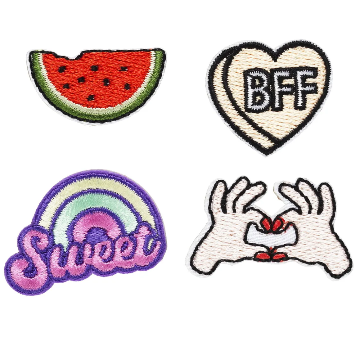 Stickers, 4 stk. broderede klistermærker – melon, BFF, regnbue og hænder