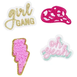 Stickers, 4 stk. broderede klistermærker – Girl gang, hat, oh yeah og lyserødt lyn