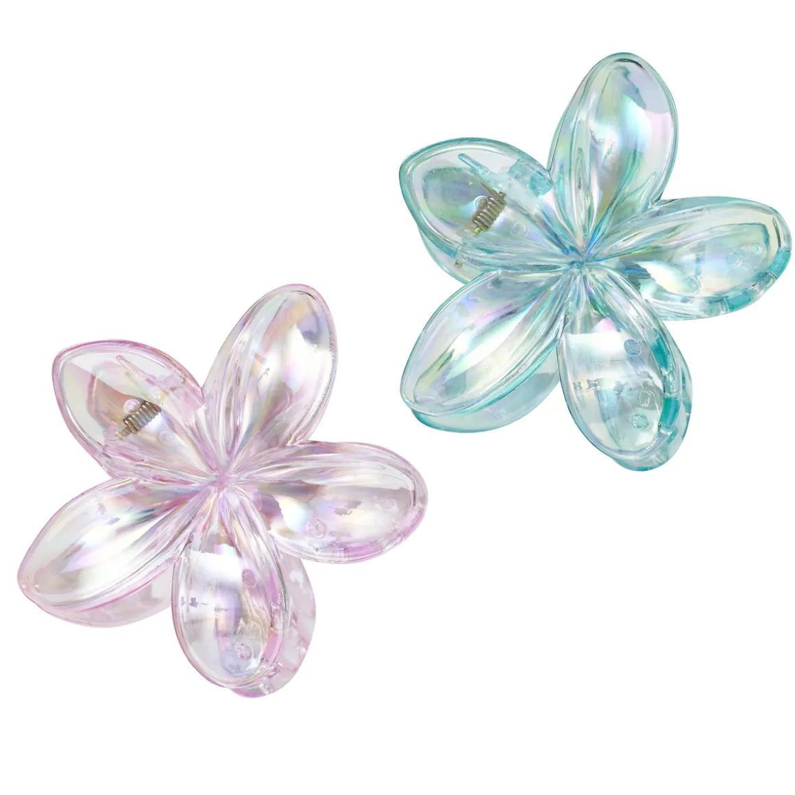 2 store transparente og iriserende hårspænder med blomster, der er Ø80 mm store