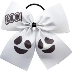 Stor, hvid halloweensløjfe af riflet repsbånd med spøgelsestryk, 17×16 cm